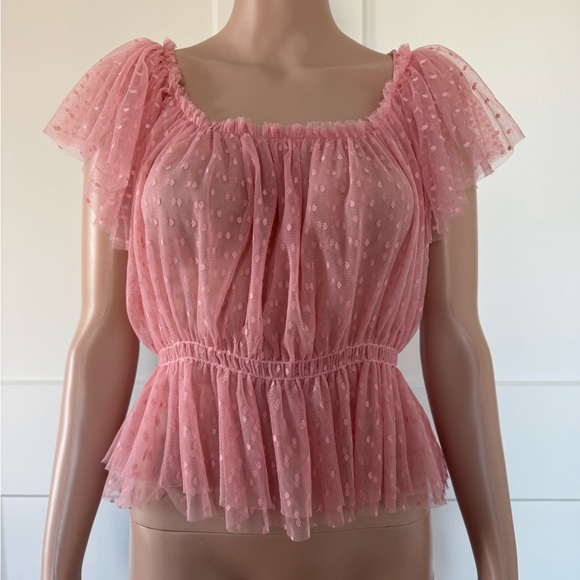 Peace Lotta Stensson Pink Polka Dot Mesh Stretch On Off Shoulder Blouse Top XS - Picture 1 of 3